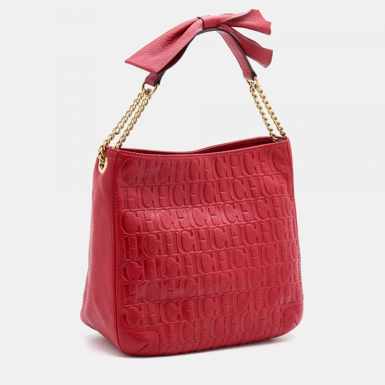 Pre Owned CH Carolina Herrera Red Monogram Embossed Leather Chain Bow Hobo