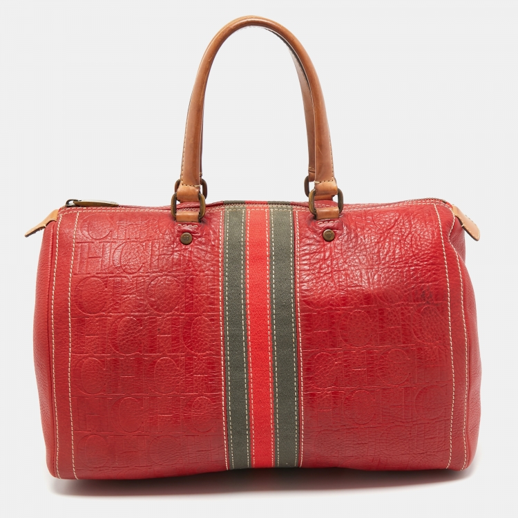 Pre Owned CH Carolina Herrera Red Monogram Leather Andy Boston Bag