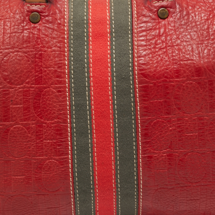 Pre Owned CH Carolina Herrera Red Monogram Leather Andy Boston Bag