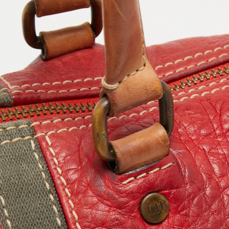 Pre Owned CH Carolina Herrera Red Monogram Leather Andy Boston Bag