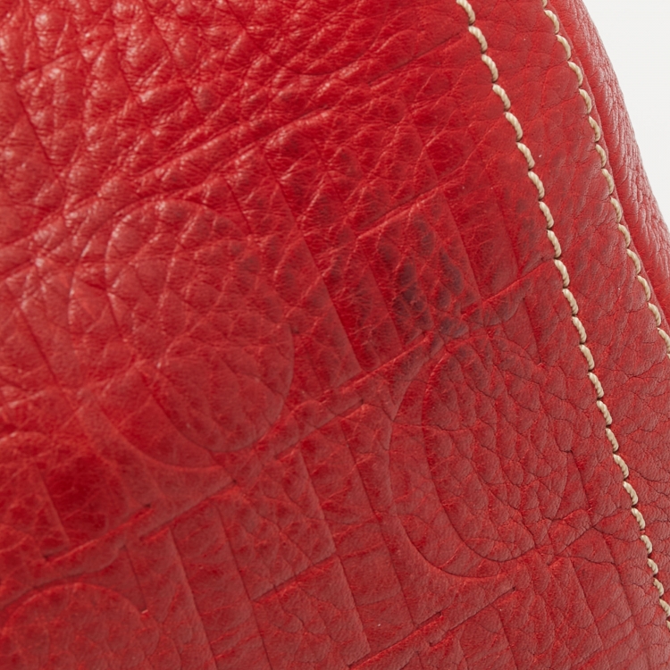 Pre Owned CH Carolina Herrera Red Monogram Leather Andy Boston Bag