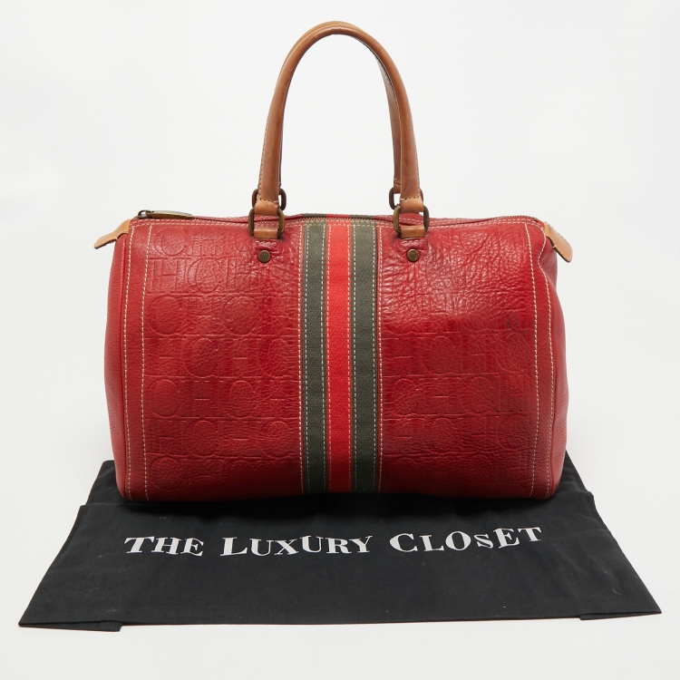 Pre Owned CH Carolina Herrera Red Monogram Leather Andy Boston Bag
