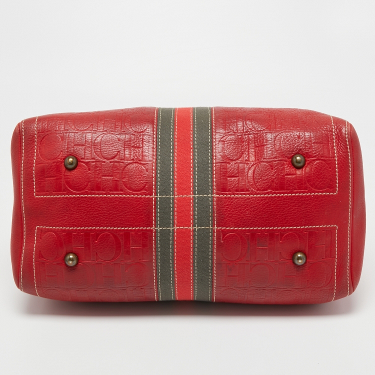 Pre Owned CH Carolina Herrera Red Monogram Leather Andy Boston Bag