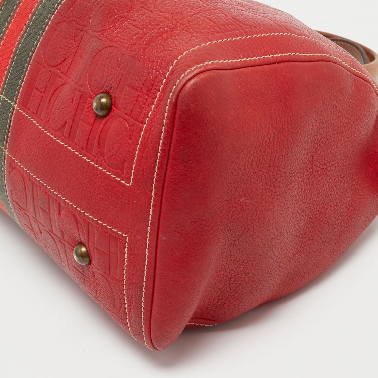 Pre Owned CH Carolina Herrera Red Monogram Leather Andy Boston Bag