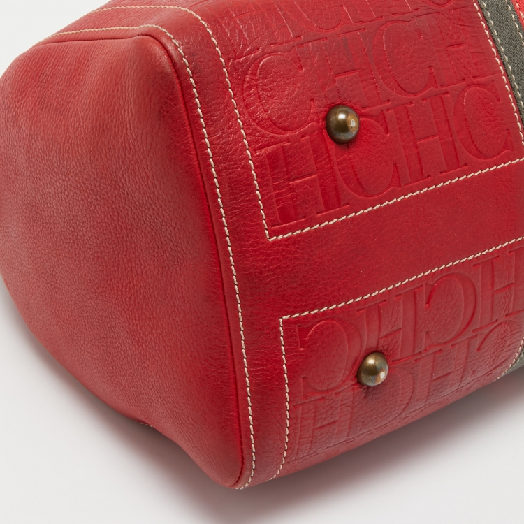 Pre Owned CH Carolina Herrera Red Monogram Leather Andy Boston Bag
