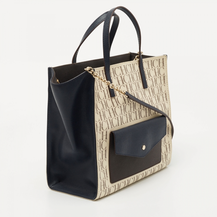 Pre Owned CH Carolina Herrera Tri Color Coated Canvas Monogram Front Pocket Tote
