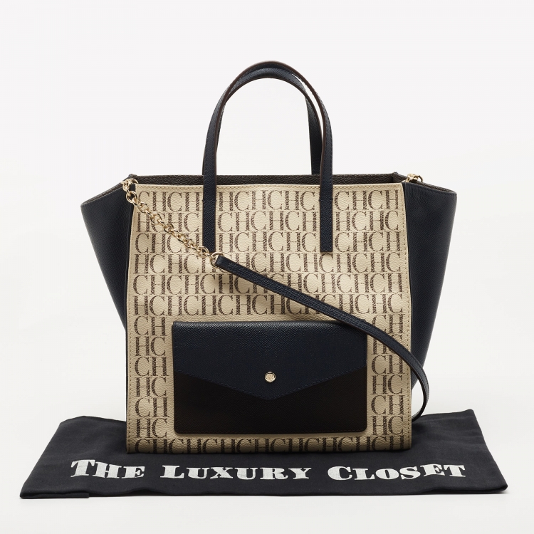 Pre Owned CH Carolina Herrera Tri Color Coated Canvas Monogram Front Pocket Tote