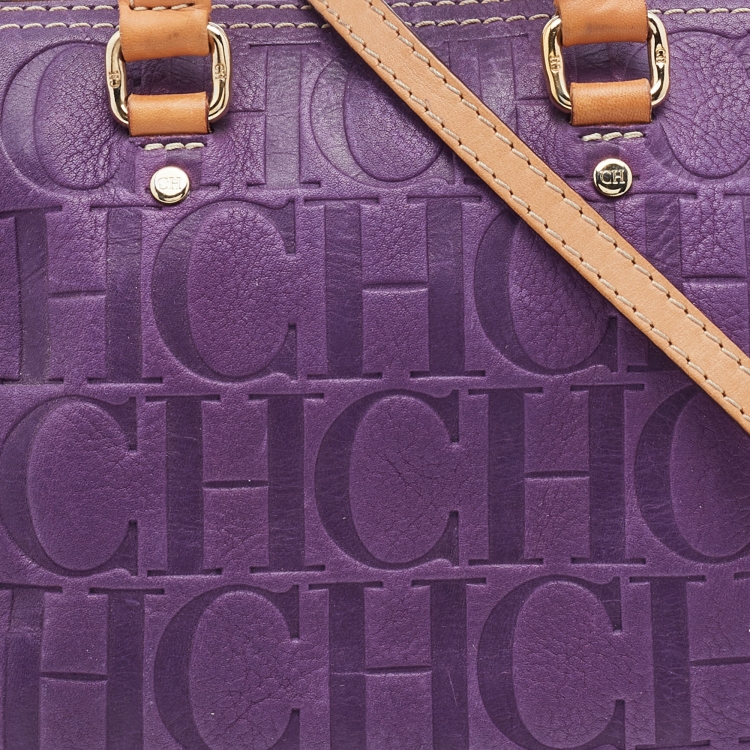 Pre Owned CH Carolina Herrera Purple Monogram Leather Andy Boston Bag