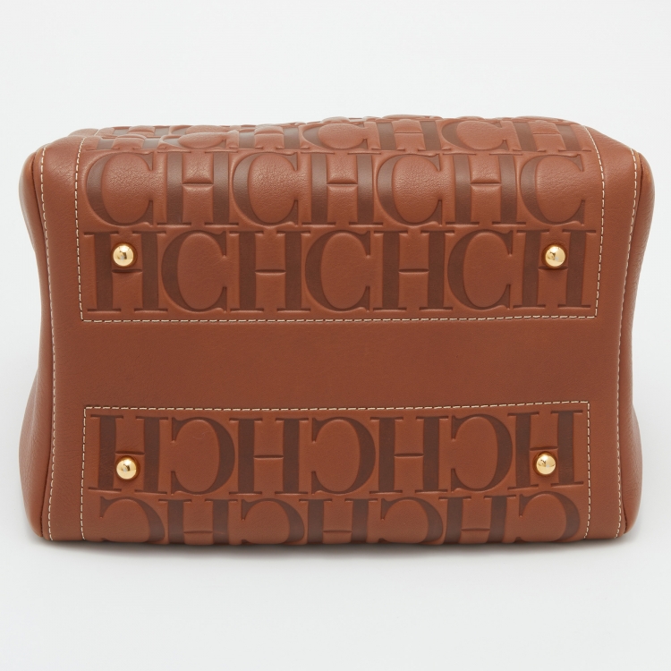 Pre Owned CH Carolina Herrera Brown Monogram Embossed Leather Andy Boston Bag