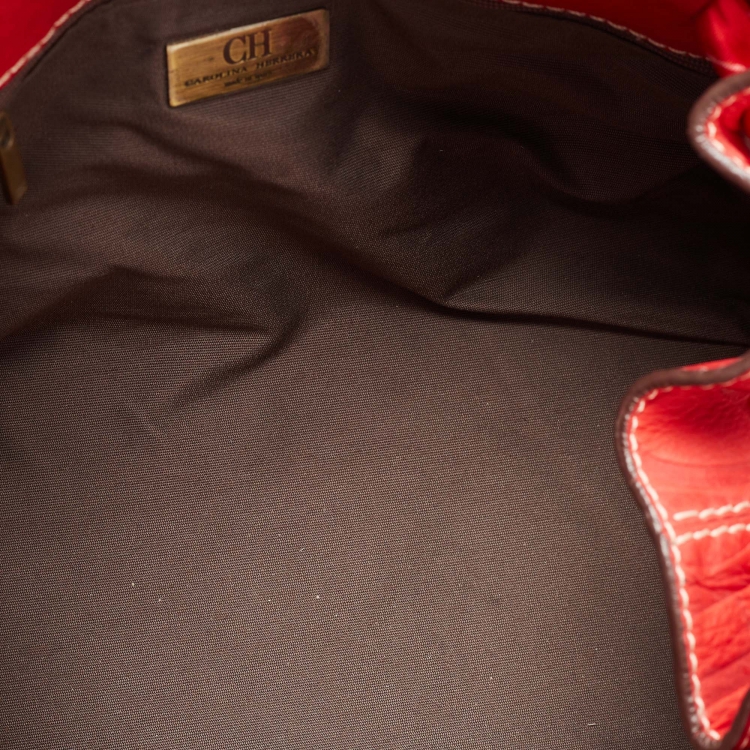 Pre Owned CH Carolina Herrera Red Monogram Embossed Leather Scarf Hobo
