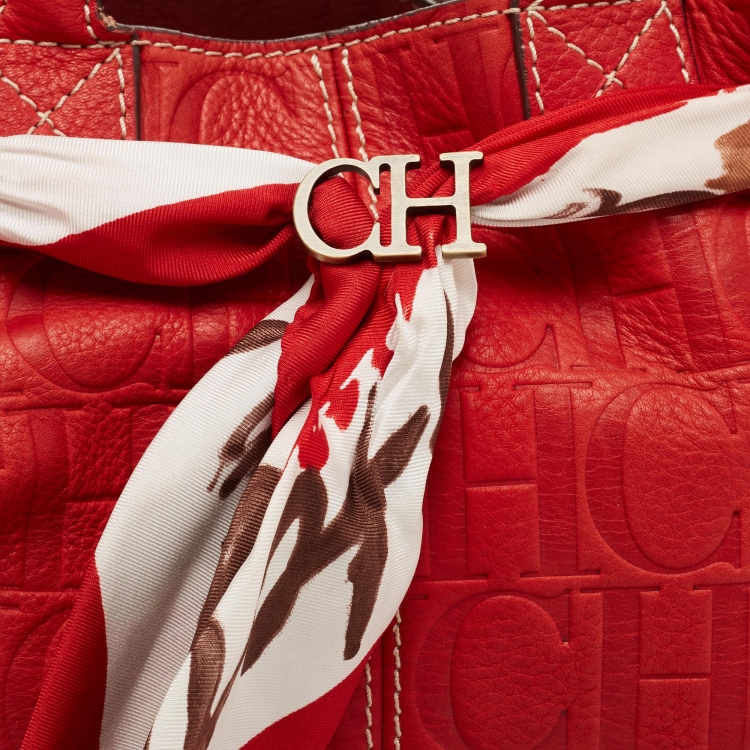 Pre Owned CH Carolina Herrera Red Monogram Embossed Leather Scarf Hobo