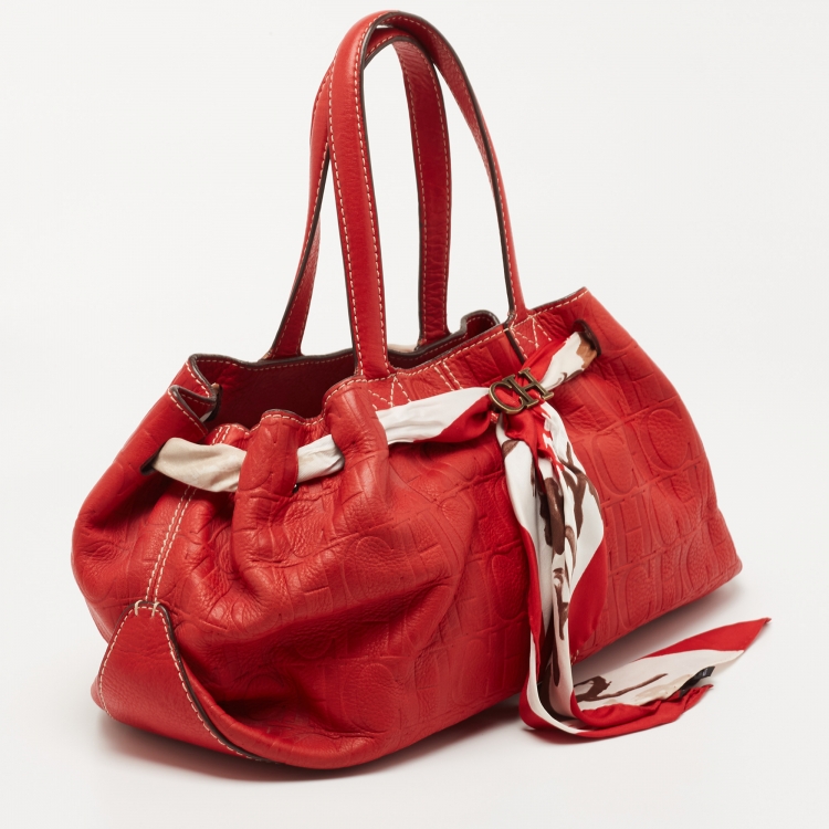 Pre Owned CH Carolina Herrera Red Monogram Embossed Leather Scarf Hobo