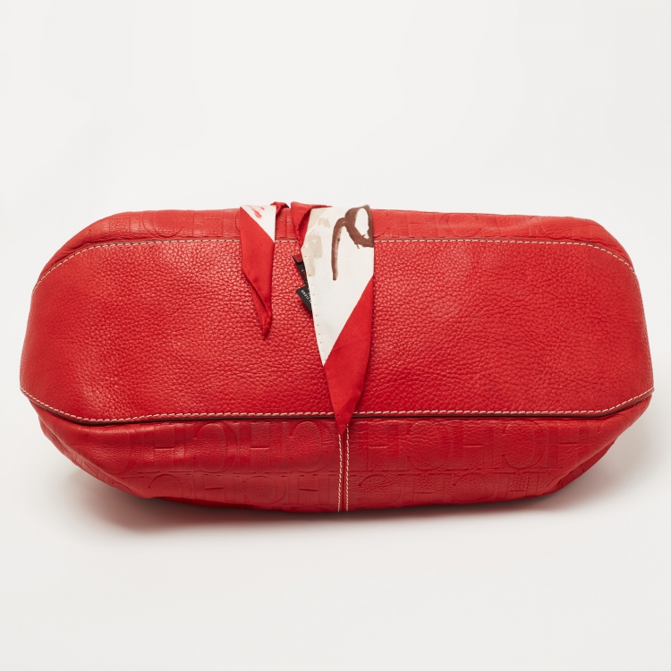 Pre Owned CH Carolina Herrera Red Monogram Embossed Leather Scarf Hobo