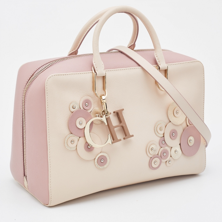 مملوكة مسبقًا CH Carolina Herrera Beige/Pink Leather Applique Studded Boston Bag 