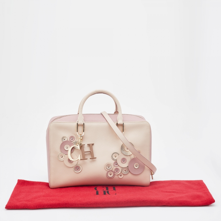 مملوكة مسبقًا CH Carolina Herrera Beige/Pink Leather Applique Studded Boston Bag 