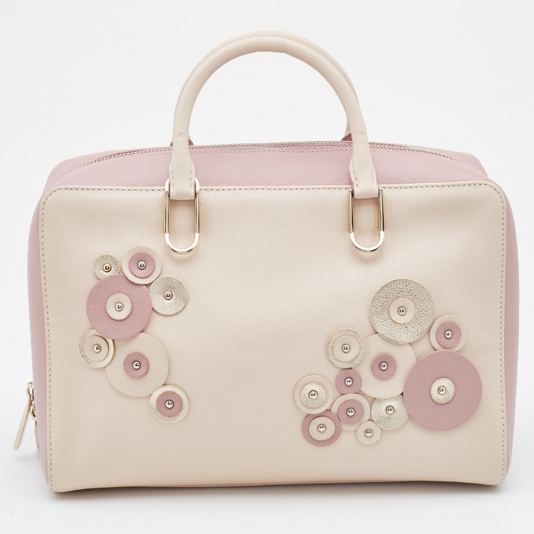 مملوكة مسبقًا CH Carolina Herrera Beige/Pink Leather Applique Studded Boston Bag 