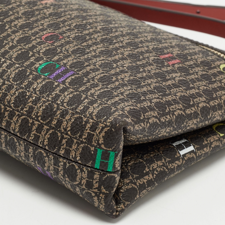 Pre Owned CH Carolina Herrera Dark Brown/Multicolor Signature Canvas Medium Inro Crossbody bag