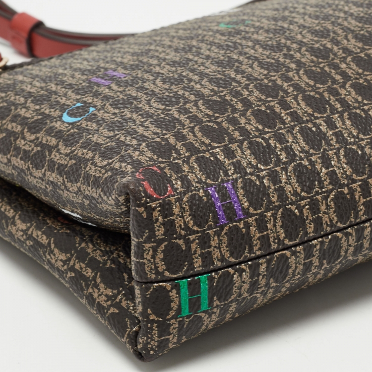 Pre Owned CH Carolina Herrera Dark Brown/Multicolor Signature Canvas Medium Inro Crossbody bag