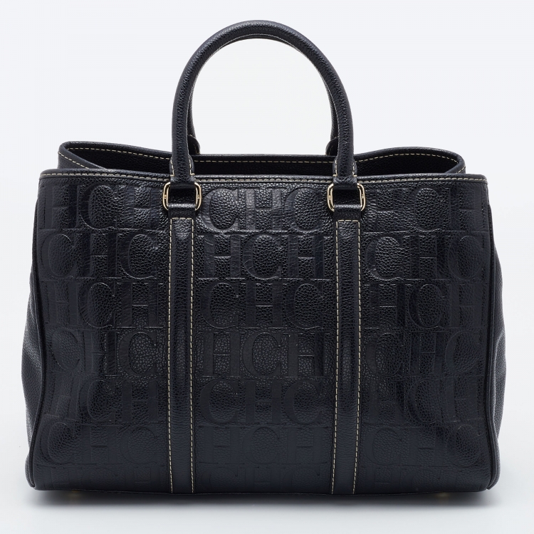 Pre Owned CH Carolina Herrera Black Monogram Embossed Leather Matteo Tote