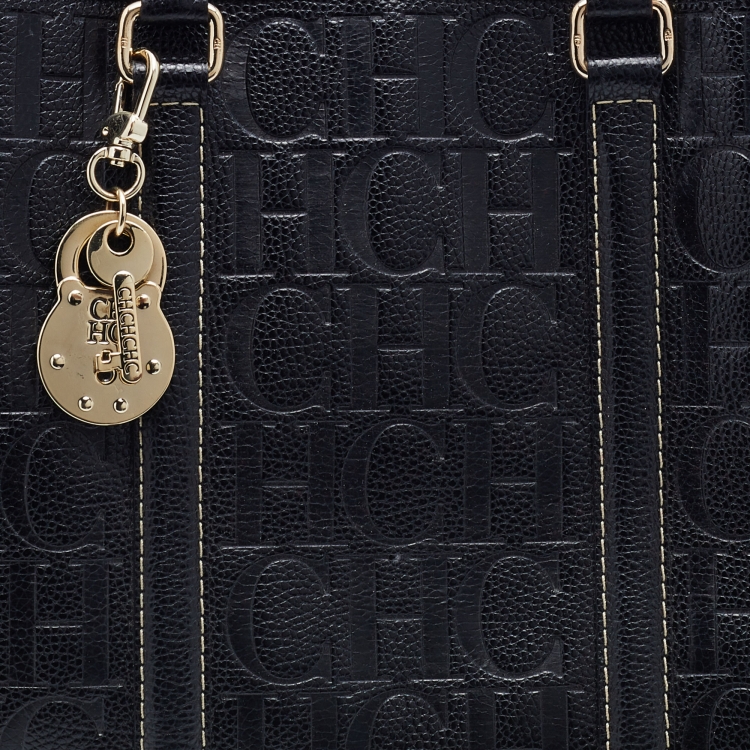 Pre Owned CH Carolina Herrera Black Monogram Embossed Leather Matteo Tote