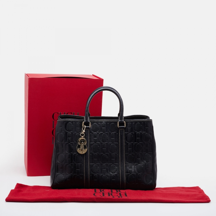 Pre Owned CH Carolina Herrera Black Monogram Embossed Leather Matteo Tote