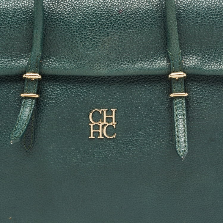 Pre Owned CH Carolina Herrera Green Leather Flap Tote