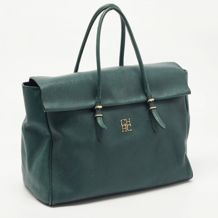Pre Owned CH Carolina Herrera Green Leather Flap Tote