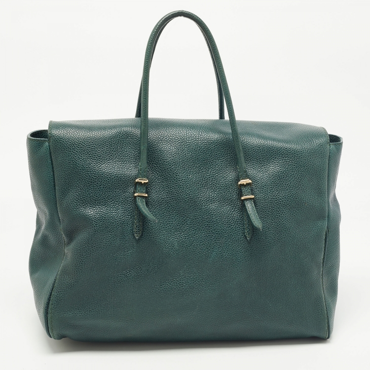 Pre Owned CH Carolina Herrera Green Leather Flap Tote