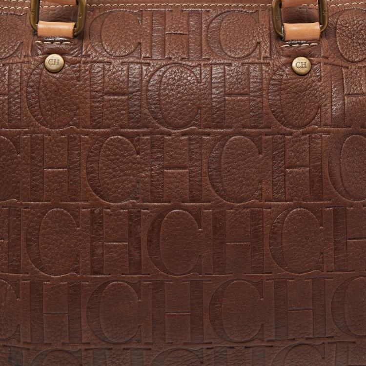 Pre Owned CH Carolina Herrera Brown Monogram Embossed Leather Andy Tote
