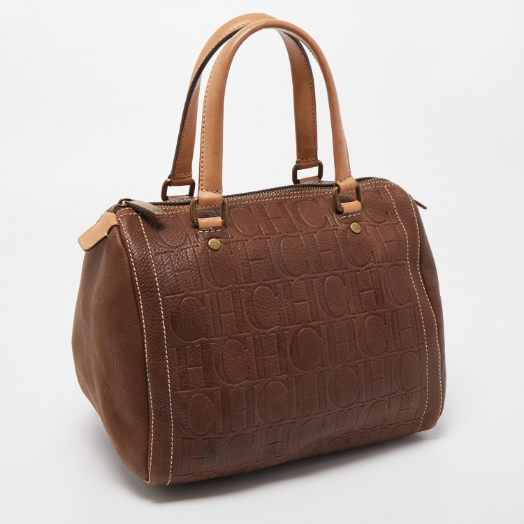 Pre Owned CH Carolina Herrera Brown Monogram Embossed Leather Andy Tote