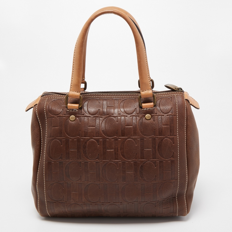 Pre Owned CH Carolina Herrera Brown Monogram Embossed Leather Andy Tote