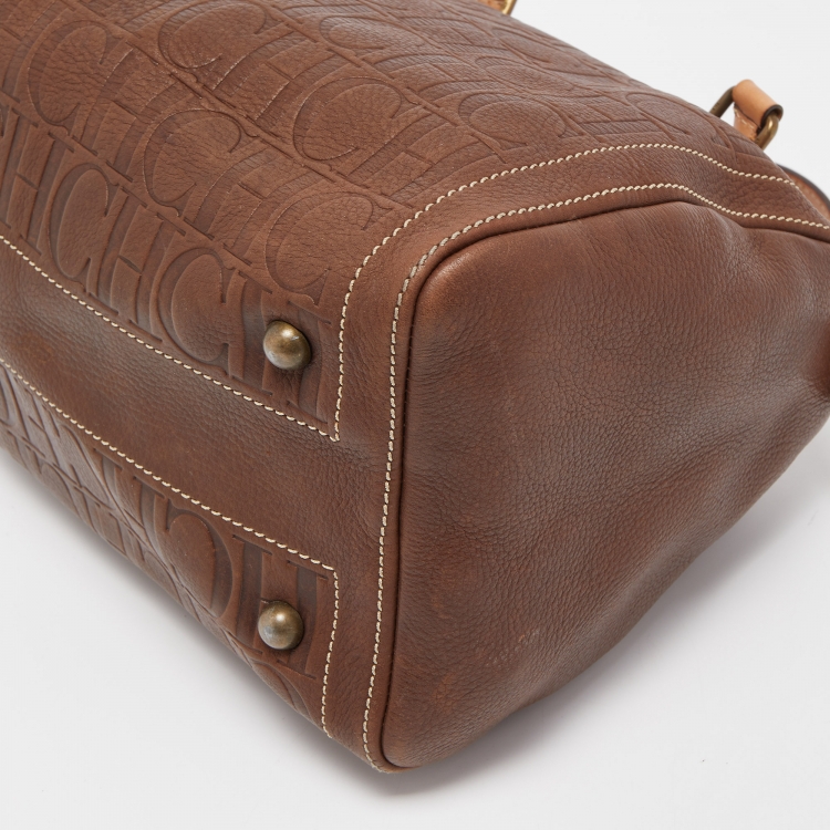 Pre Owned CH Carolina Herrera Brown Monogram Embossed Leather Andy Tote