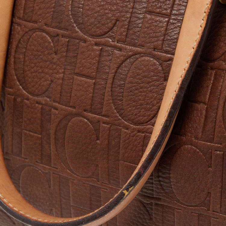 Pre Owned CH Carolina Herrera Brown Monogram Embossed Leather Andy Tote