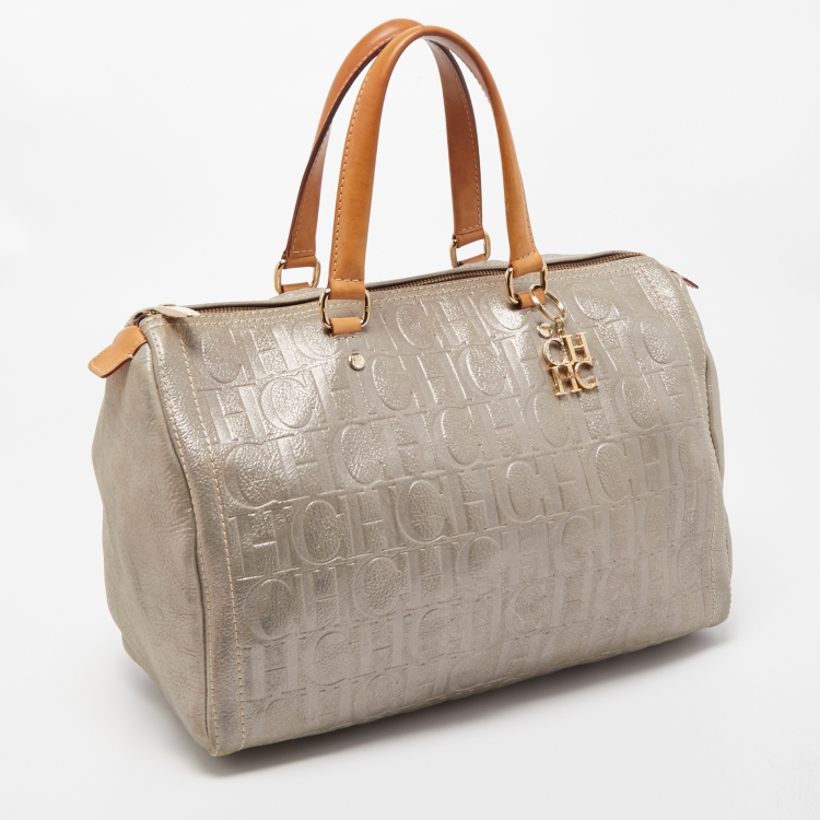 Pre Owned CH Carolina Herrera Silver Shimmer Monogram Leather Andy Boston Bag