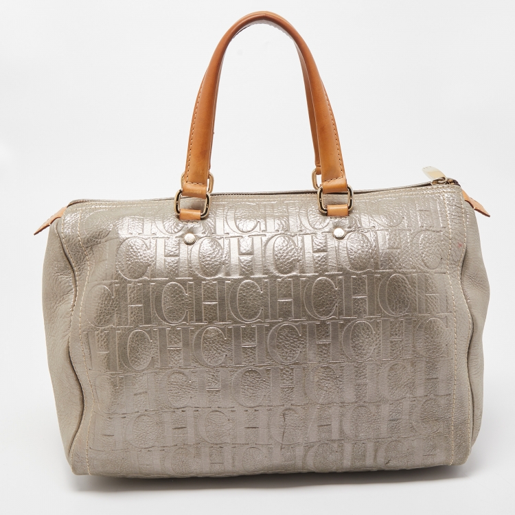 Pre Owned CH Carolina Herrera Silver Shimmer Monogram Leather Andy Boston Bag