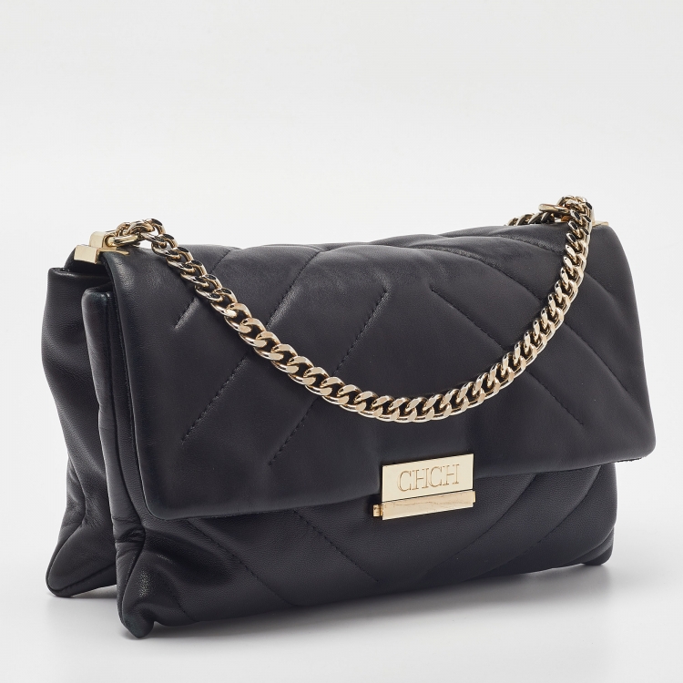 Pre Owned CH Carolina Herrera Blue Quilted Leather Flap Shoulder Bag