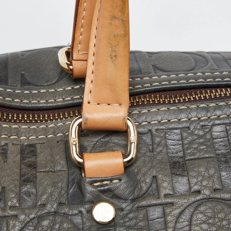 Pre Owned CH Carolina Herrera Blue Monogram Leather Andy Boston Bag