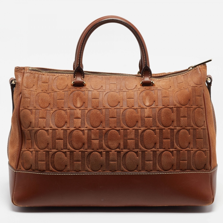 Pre Owned CH Carolina Herrera Brown Monogram Nubuck Leather Tote
