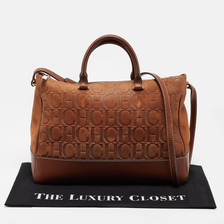 Pre Owned CH Carolina Herrera Brown Monogram Nubuck Leather Tote