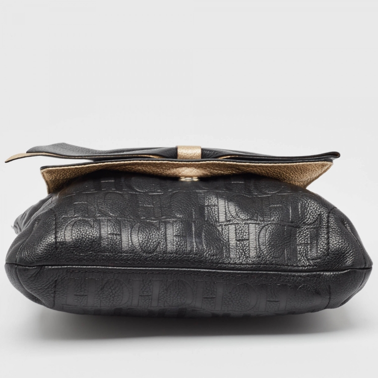 Pre Owned CH Carolina Herrera Black Monogram Leather Audrey Shoulder Bag