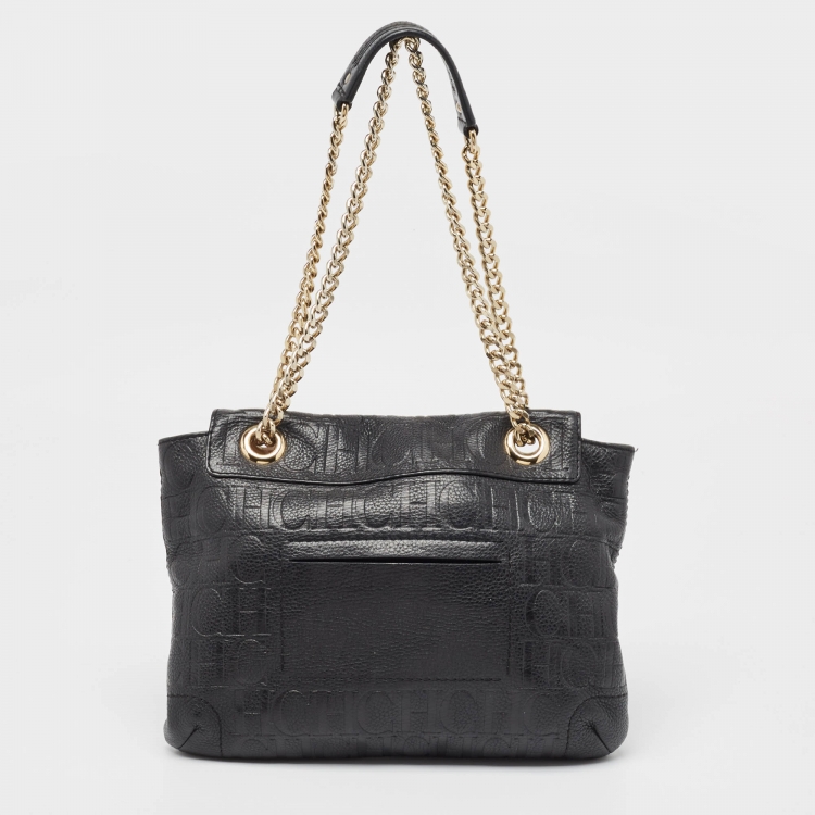 Pre Owned CH Carolina Herrera Black Monogram Leather Audrey Shoulder Bag