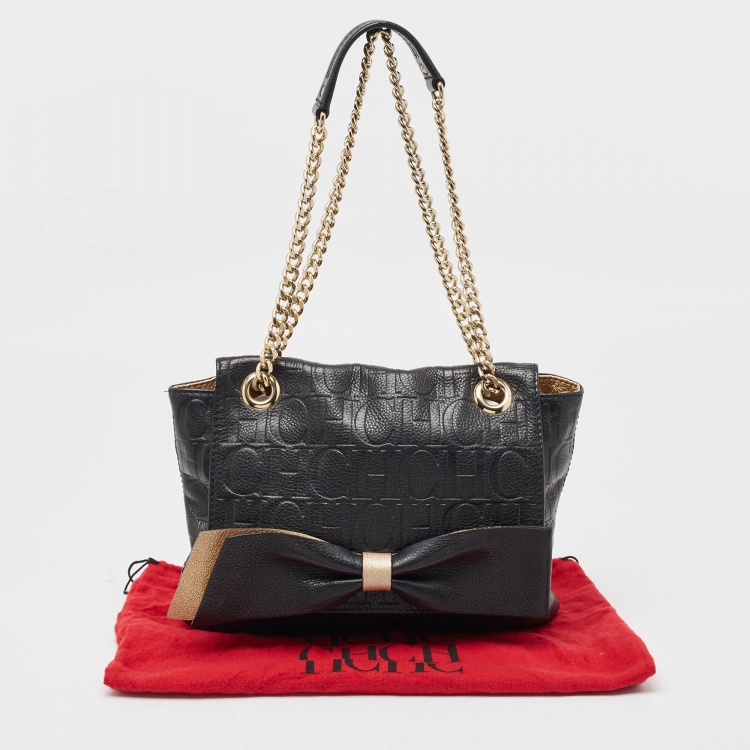 Pre Owned CH Carolina Herrera Black Monogram Leather Audrey Shoulder Bag