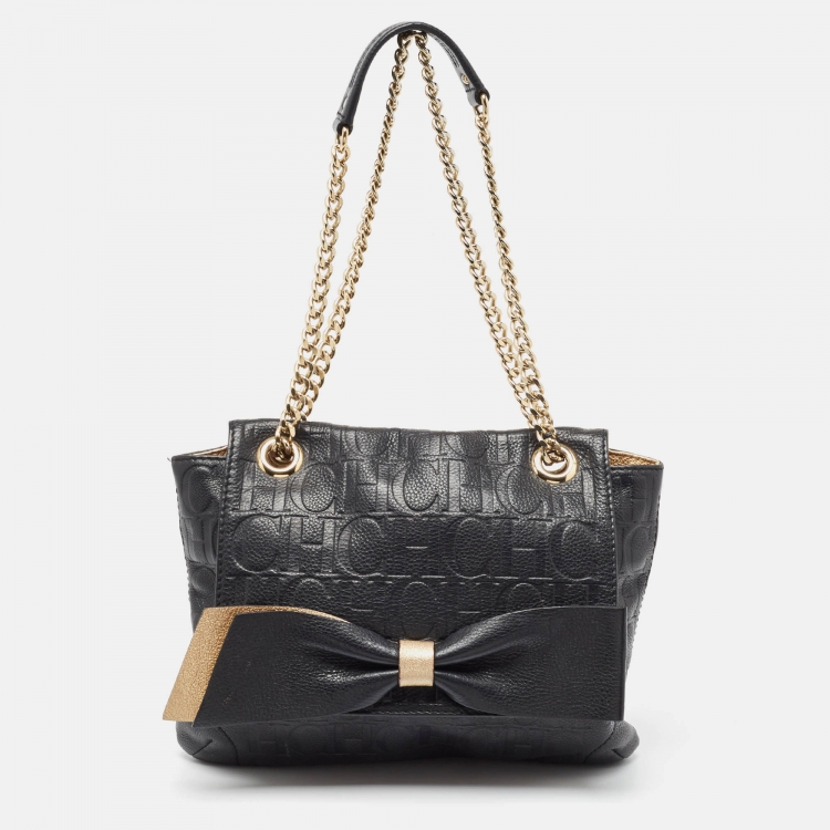 Pre Owned CH Carolina Herrera Black Monogram Leather Audrey Shoulder Bag