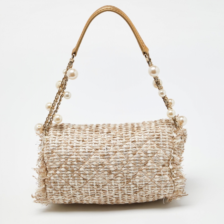 Pre Owned CH Carolina Herrera Beige Quilted Tweed and Leather Pearl Embellished Shoulder Bag
