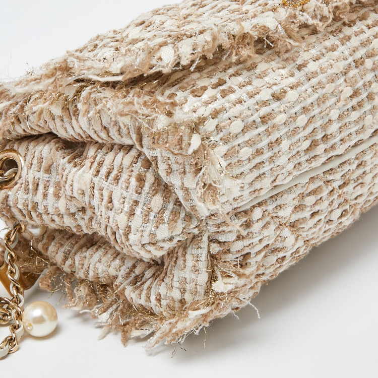 Pre Owned CH Carolina Herrera Beige Quilted Tweed and Leather Pearl Embellished Shoulder Bag