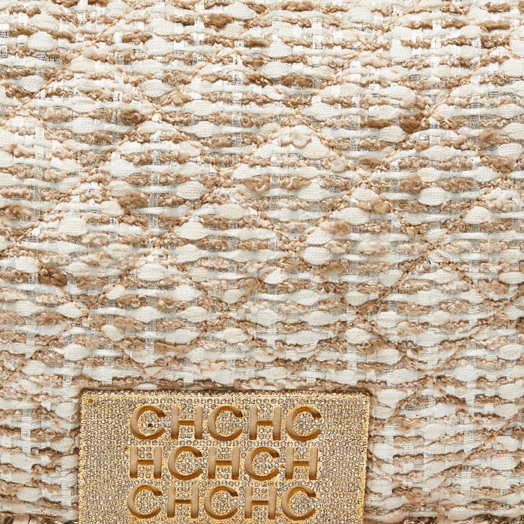 Pre Owned CH Carolina Herrera Beige Quilted Tweed and Leather Pearl Embellished Shoulder Bag