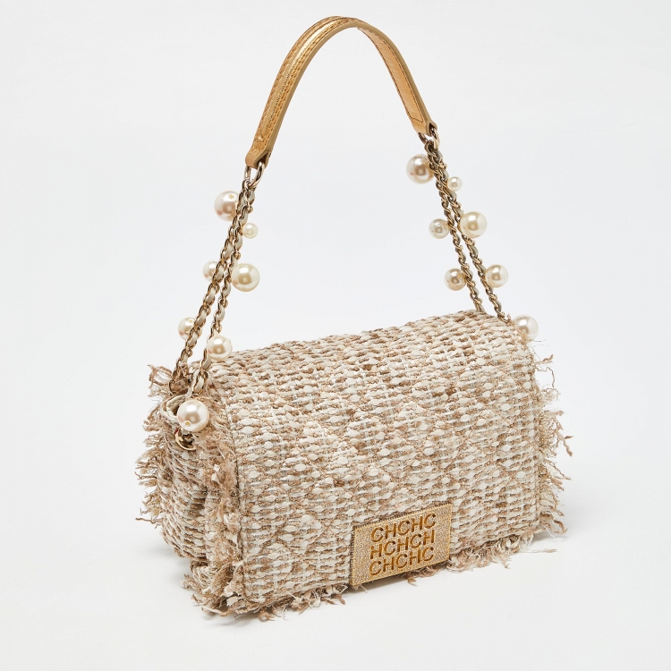 Pre Owned CH Carolina Herrera Beige Quilted Tweed and Leather Pearl Embellished Shoulder Bag