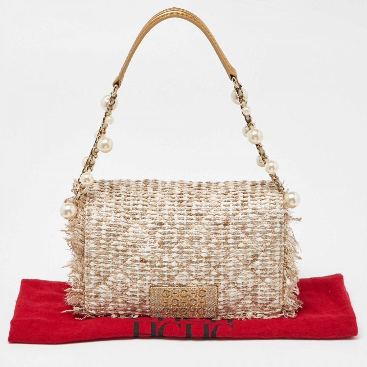 Pre Owned CH Carolina Herrera Beige Quilted Tweed and Leather Pearl Embellished Shoulder Bag