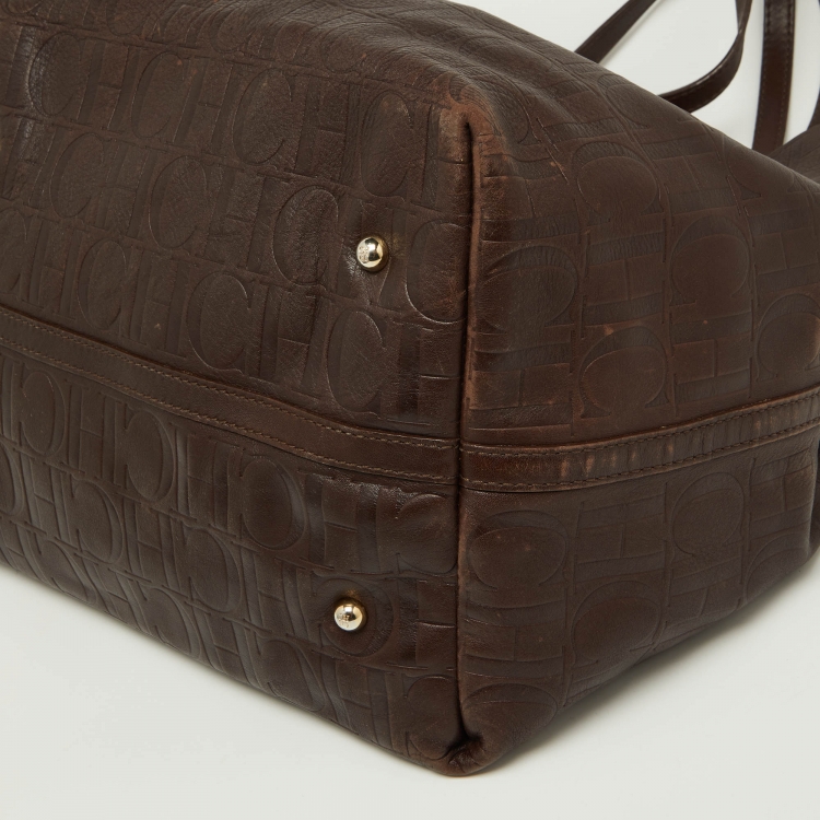 Pre Owned CH Carolina Herrera Brown Monogram Leather Matryoshka Shopper Tote