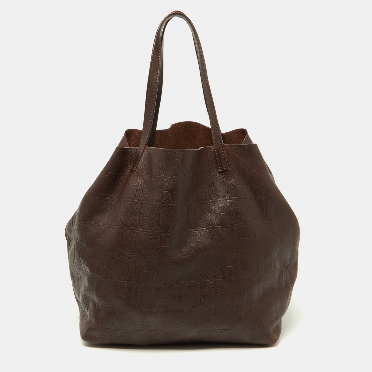 Pre Owned CH Carolina Herrera Brown Monogram Leather Matryoshka Shopper Tote